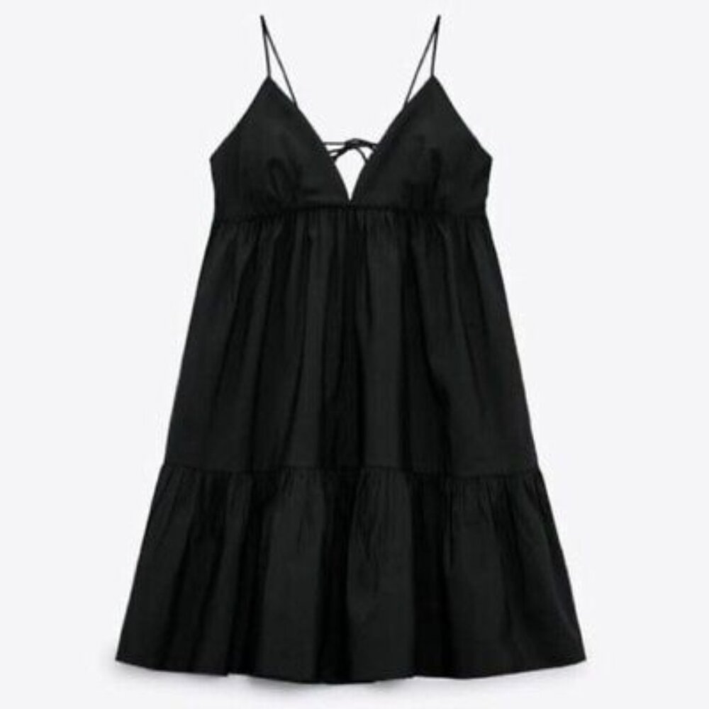 Zara Nat Poplin Tiered Mini Dress in Black